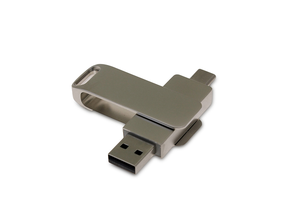 USB 3.0- флешка на 16 Гб поворотный механизм 2 в 1, c дополнительным разъемом Type-C с одноцветным металлическим клипом, серый