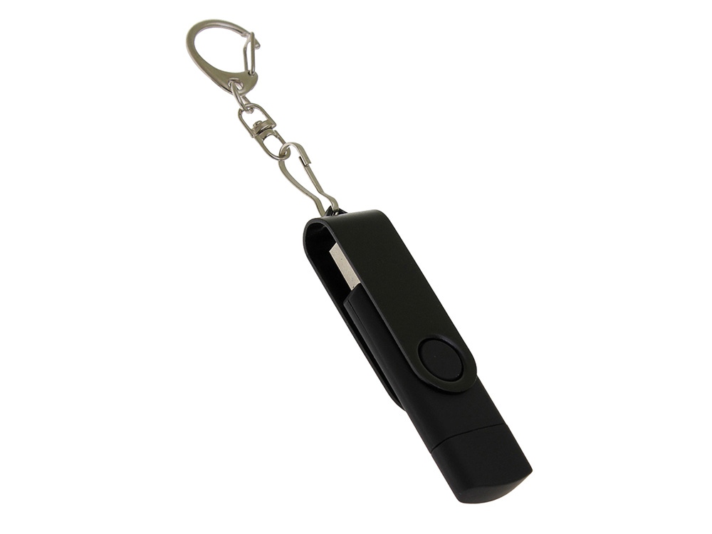 USB-флешка на 16 Гб 2 в 1 поворотный механизм, c дополнительным разъемом Type-C с одноцветным металлическим клипом, черный